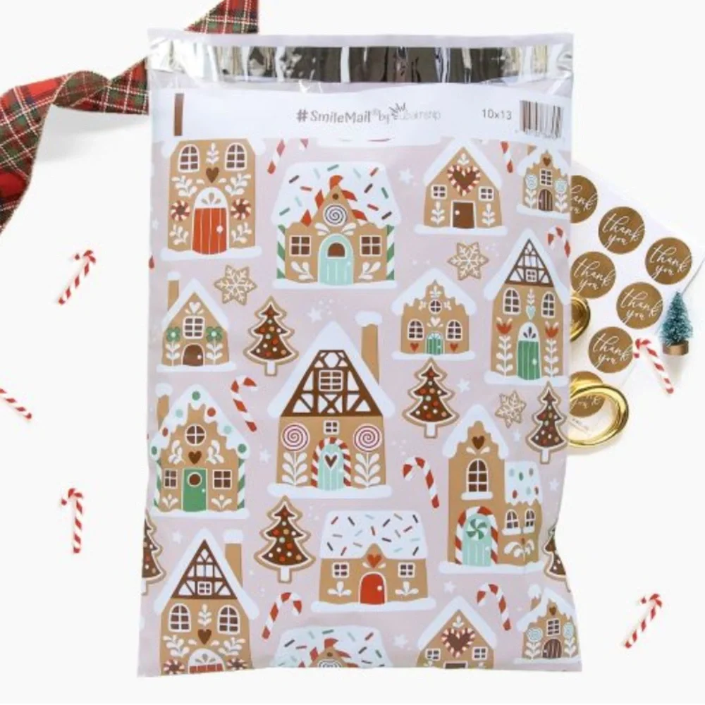 Set of 20 14x17 Festive Gingerbread House Poly Mailer